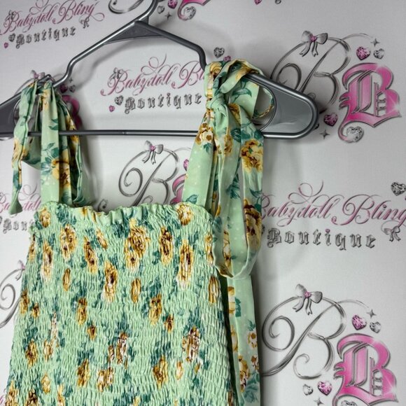 Floral Smocked Dress with Tie Straps green blue yellow flowers stretchy summer - Picture 3 of 8